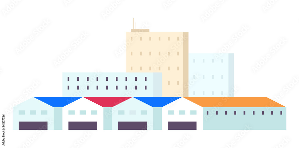 Warehouses cartoon vector illustration. Industrial storehouses flat color objects. Multistorey buildings and spacious hangars isolated on white background. Storage facility, container yard