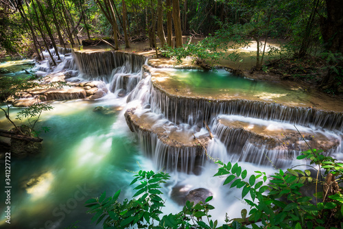 Fototapeta Naklejka Na Ścianę i Meble -  Beauty in nature, Huay Mae Khamin waterfall in tropical forest of national park, Kanchanaburi, Thailand	
