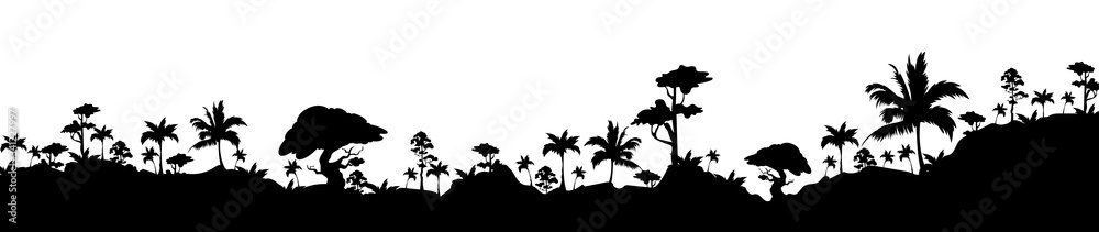 Jungle black silhouette vector illustration. Subtropical rainforest. Hills with trees. Nature and wildlife. Panoramic environment. Tropical monochrome landscape. Exotic woods 2d cartoon shape