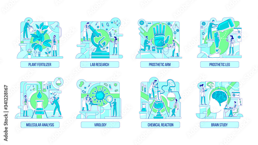 Laboratory experiments thin line concept vector illustrations set. Scientists 2D cartoon characters for web design. Biology, chemistry, prosthetics, neuroscience and botany creative ideas