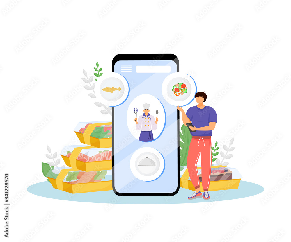 Restaurant food online ordering flat concept vector illustration. Cafe client and chief-cooker 2D cartoon characters for web design. Healthy nutrition order mobile app creative idea