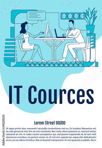 IT courses poster flat silhouette vector template. Computer programming classes. Brochure, booklet one page concept design with cartoon characters. Web development flyer, leaflet with text space