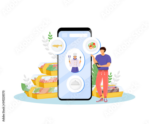 Restaurant food online ordering flat concept vector illustration. Cafe client and chief-cooker 2D cartoon characters for web design. Healthy nutrition order mobile app creative idea