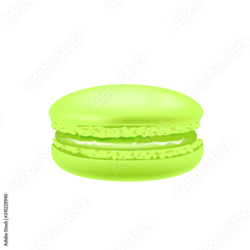 Green macaroon realistic vector illustration. Almond cookie. Meringue, traditional french confectionery. Homemade creamy biscuit, green pistachio flavor dessert 3d isolated object on white background