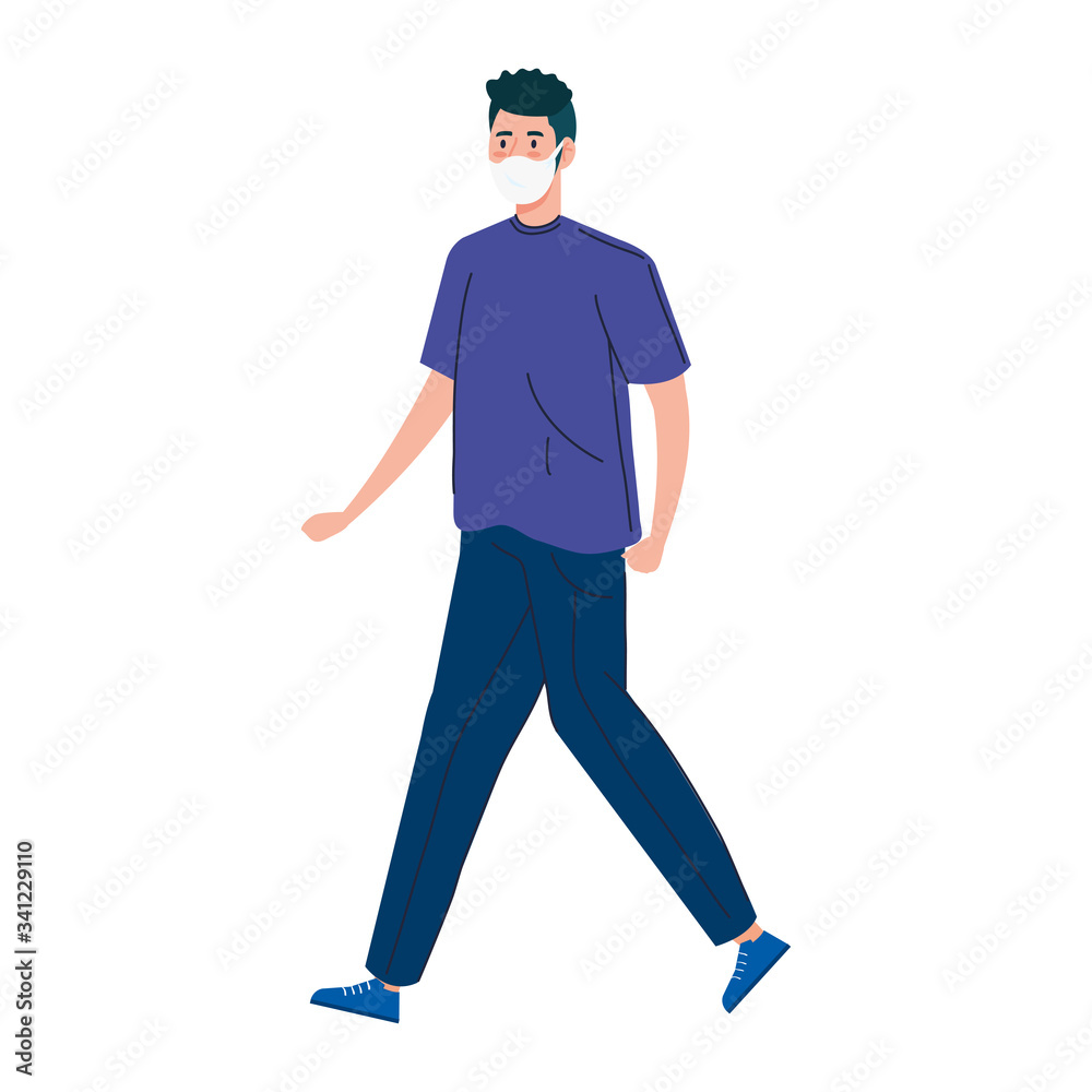 young man walking with face mask isolated icon vector illustration design