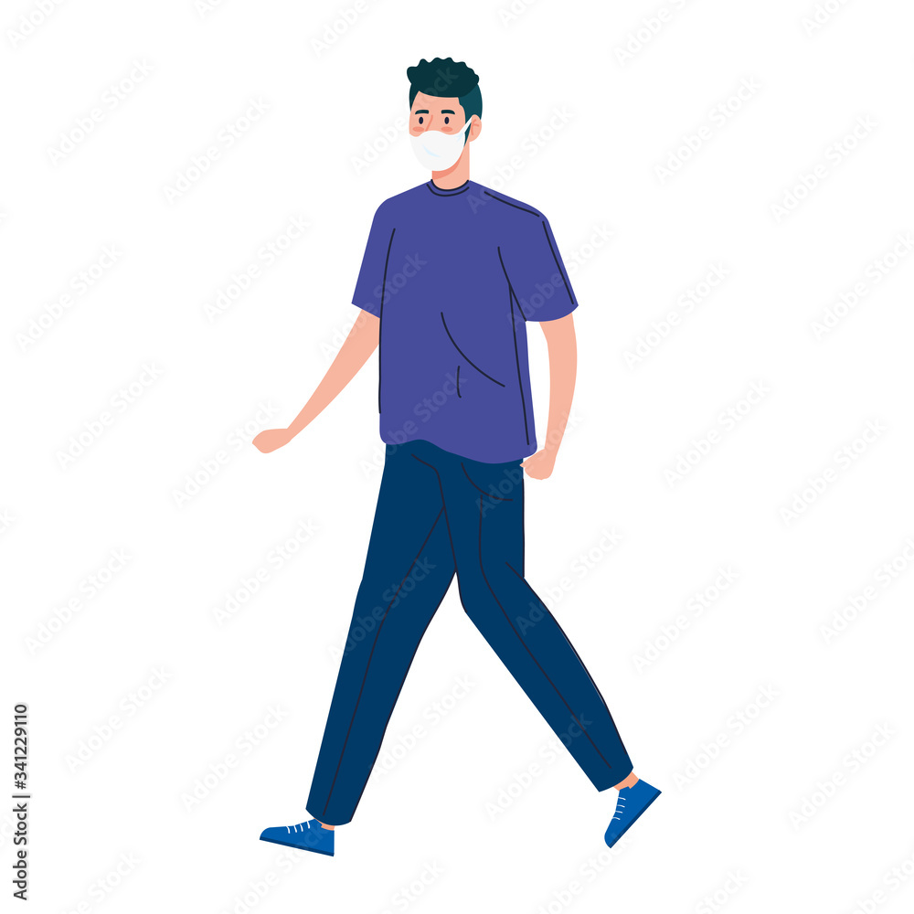 young man walking with face mask isolated icon vector illustration design young man walking with face mask isolated icon vector illustration design