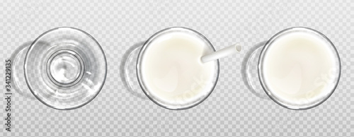 Glass of milk with paper straw top view. Vector realistic set of empty glass and clear cup full of milk, yogurt, shake or dairy drink. Healthy organic beverage isolated on transparent background