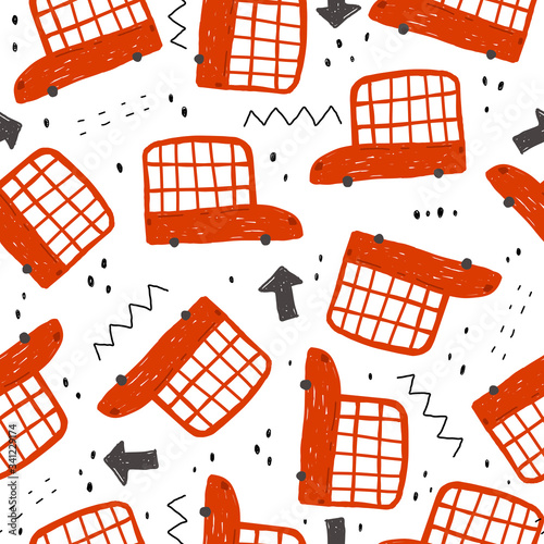 seamless pattern with cartoon buses, decor elements. Colorful vector flat style for kids. hand drawing. baby design for fabric, print, wrapper, textile