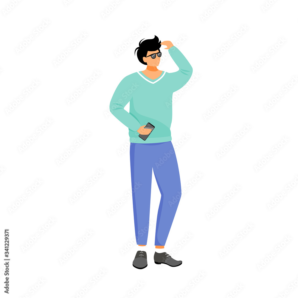 Man in casual clothes flat color vector faceless character. Person holding phone look at sun. Male student in sweater. Trendy outfit. Warm weather clothing isolated cartoon illustration