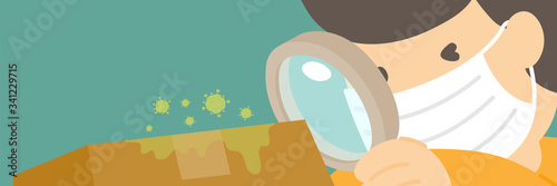 Quarantine man checking goods box delivery, Social distancing keep distance to protection COVID-19 outbreak stay at home online shopping concept poster or banner illustration background, copy space