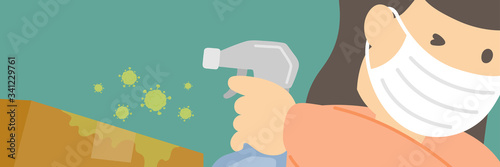 Quarantine woman checking goods box delivery, Social distancing keep distance to protection COVID-19 outbreak stay at home online shopping concept poster or banner illustration background, copy space