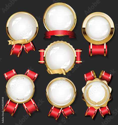 Golden badge labels shields and ribbons retro vintage collection