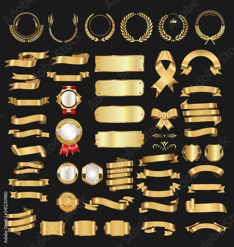 Golden badge labels shields and ribbons retro vintage collection