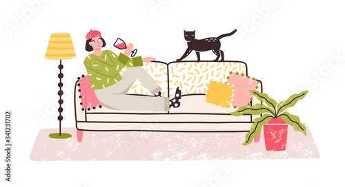Cartoon relaxed woman drinking wine alone lying on couch at home vector flat illustration