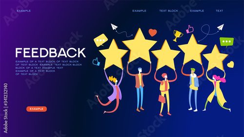 People give star feedback. Characters choose a satisfaction rating. People leave a positive review. User experience concept. 3d isometric vector illustration.