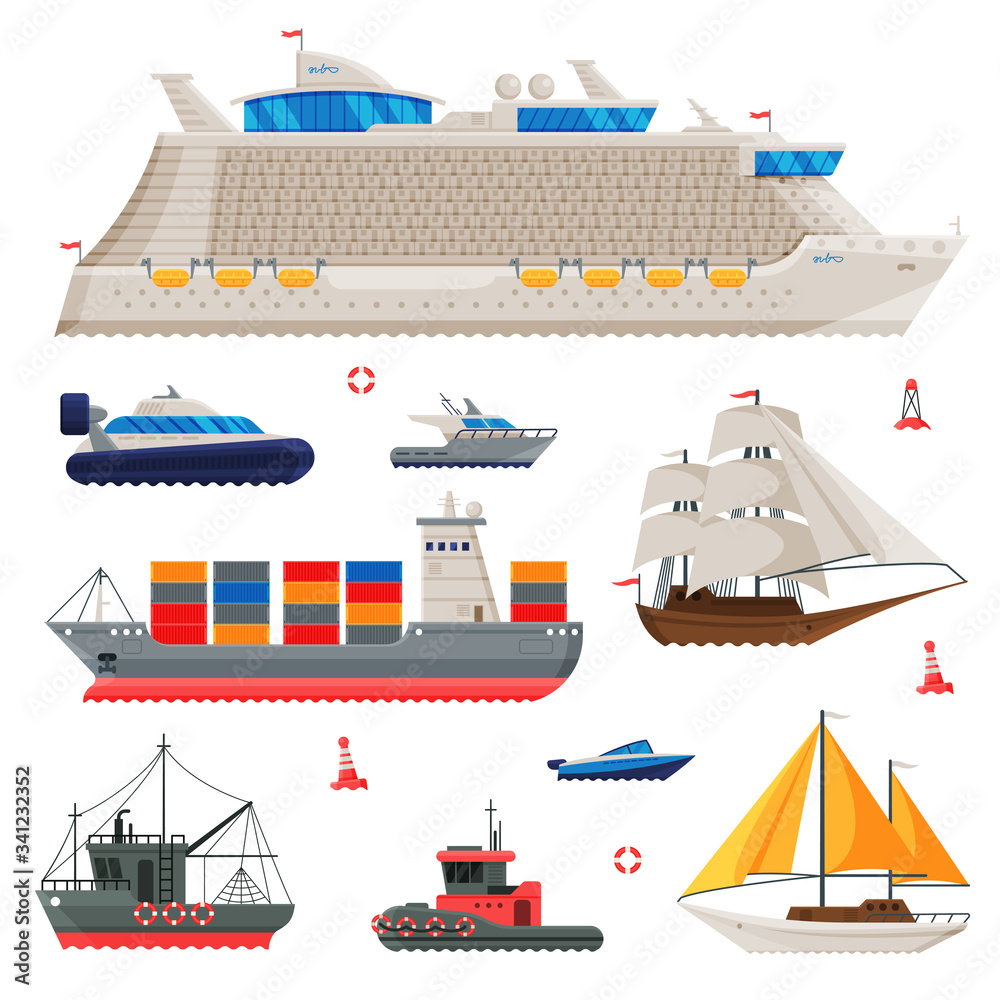 Water Transport Collection, Fishing Boat, Cruise Liner, Sailboat, Cargo Ship, Motorboat, Sea or Ocean Transportation Vector Illustration