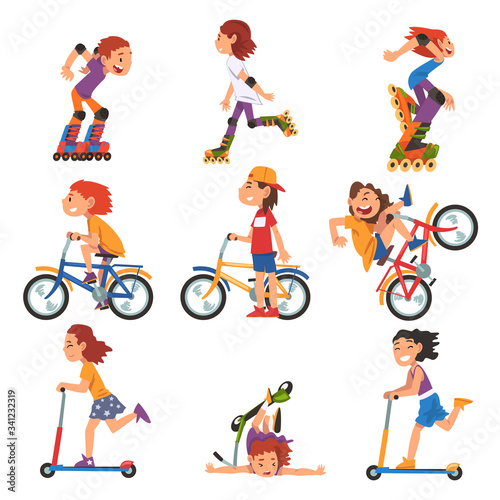Boys and Girls Riding Kick Scooter, Bicycle, Rollerblades, Summer Outdoor Activities Cartoon Vector Illustration