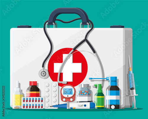 Medical first aid kit with different pills and medical devices. Medical tools, drugs, stethoscope, syringe, glucometer, thermometer. Healthcare diagnostics. Urgency emergency. Flat vector illustration