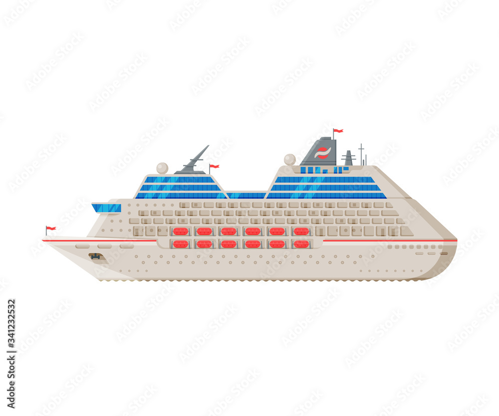 Transatlantic Cruise Liner, Side View, Water Transport, Sea or Ocean Transportation Vector Illustration