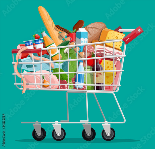 Shopping cart with fresh products. Grocery store supermarket. Food and drinks. Milk, vegetables, meat, chicken cheese, sausages, salad, bread cereal steak egg. Vector illustration flat style