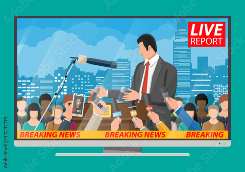 Public speaker. Rostrum, tribune and hands of journalists with microphones and digital voice recorders. Press conference concept, news, media, journalism. Vector illustration in flat style