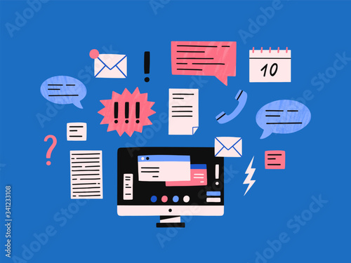 Cartoon computer monitor with many internet notifications vector flat illustration