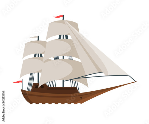Vintage Sailing Ship, Old Wooden Boats with White Sails, Side View, Water Transport, Sea or Ocean Transportation Vector Illustration