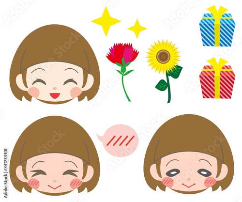 女の子の笑顔と照れ顔・お花とギフトのセット