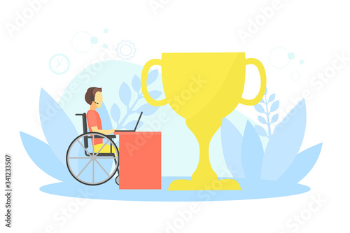 Man Sitting in Wheelchair and Working at Computer, Disabled Person Sitting Next Winner Cup Vector Illustration