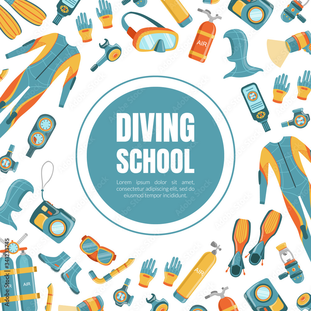 Diving School Banner Template with Diving Professional Equipment Pattern, Water Active Sport, Summer Vacation Vector Illustration