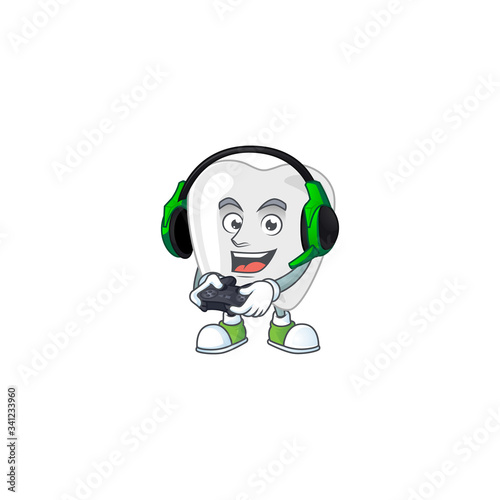 A cartoon design of teeth talented gamer play with headphone and controller