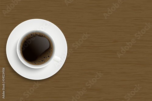 Realistic illustration of coffee cup with foam and bubbles. Saucer on wooden table top with space for text, vector
