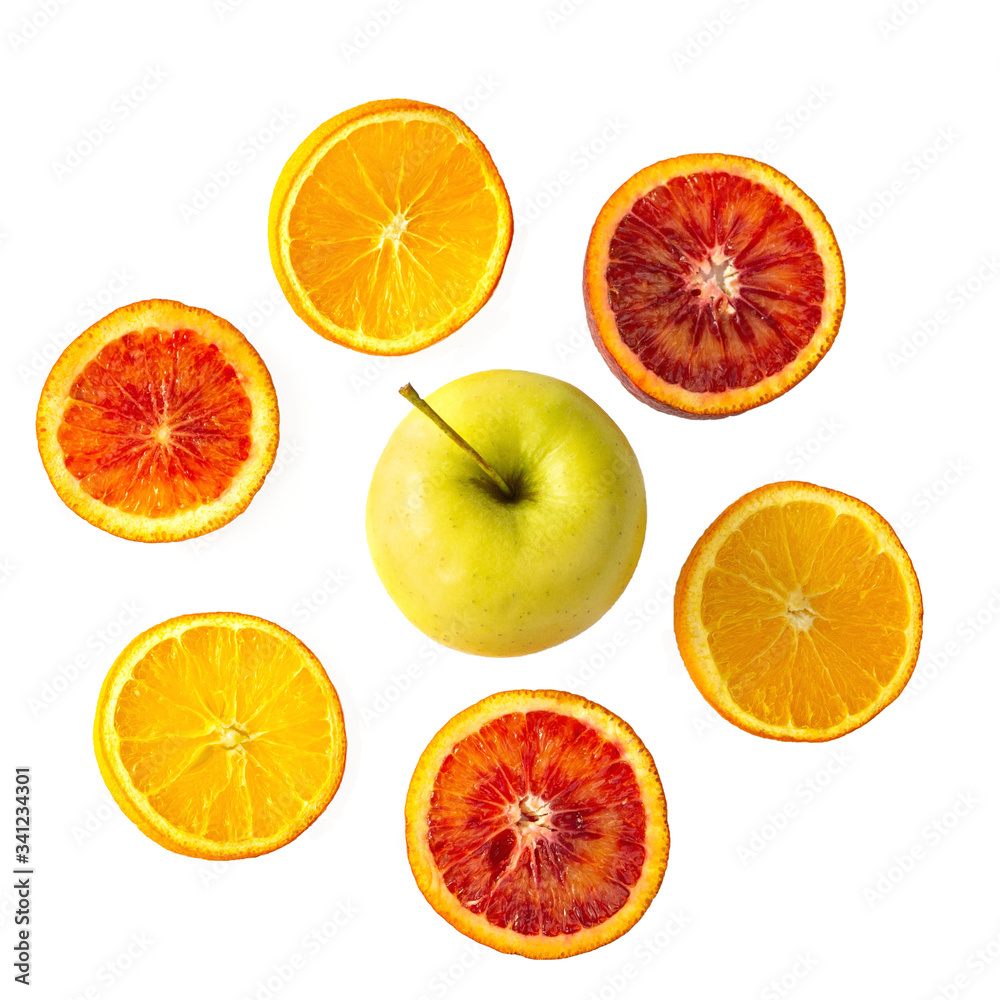 An isolated template of six slices of orange and one apple An isolated template of six slices of orange and one apple
