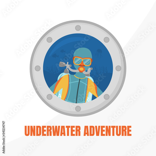 Underwater Adventure Banner Template, Water Active Sport, Summer Vacation Vector Illustration