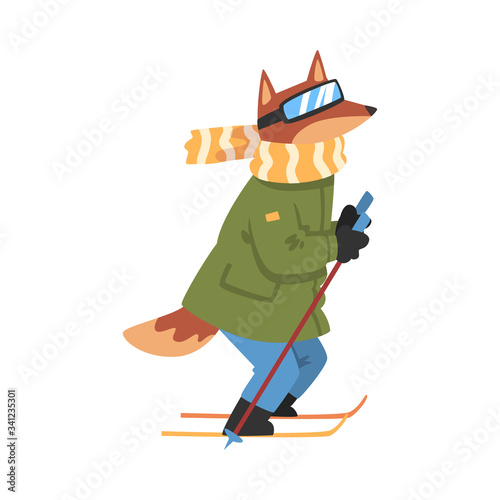 Sportive Dog Skiing, Animal Athlete Character Doing Sports Vector Illustration
