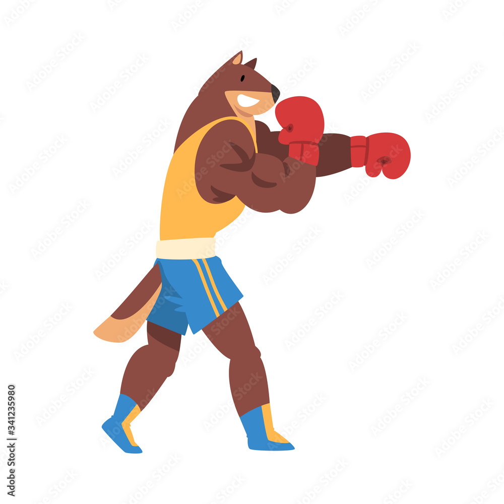 Powerful Dog Boxing with Gloves, Sportive Animal Character Wearing Uniform Doing Sports Vector Illustration