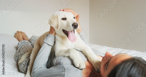 Fotografie Authentic shot of an young happy woman is caressing her pedigree puppy of Labrador Retriever dog while having fun together on a bed