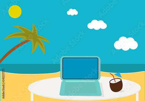 Freelance. Working space on the tropical island with laptop and cocktail