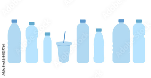 Set of Beverages bottles water. Vector icon. Blue plastic bottles and disposable plastic Cup with a tube.