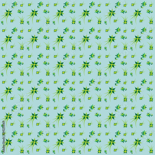 vector illustration background image seamless texture on the theme of spring and heat, flowers, leaves, grass in green shades on a pale blue field
