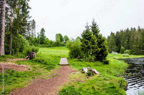 étang de la Gruère, la gruère, Moorsee, See, Weiher, Moor, Hochmoor, Wanderweg, Holzsteg, Mühle, Torfmoos, Wald, Waldweg, Jura, Frühling, Sommer, Sägewerk, Schweiz photo