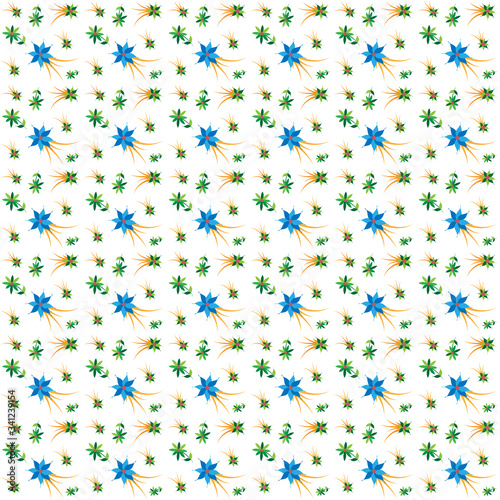 vector illustration background image seamless texture on the theme of spring and heat, flowers, leaves, grass green, blue, orange shades on a white field