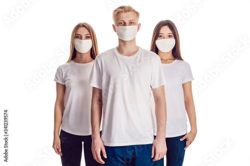Group of people in face masks and in white t-shirts.