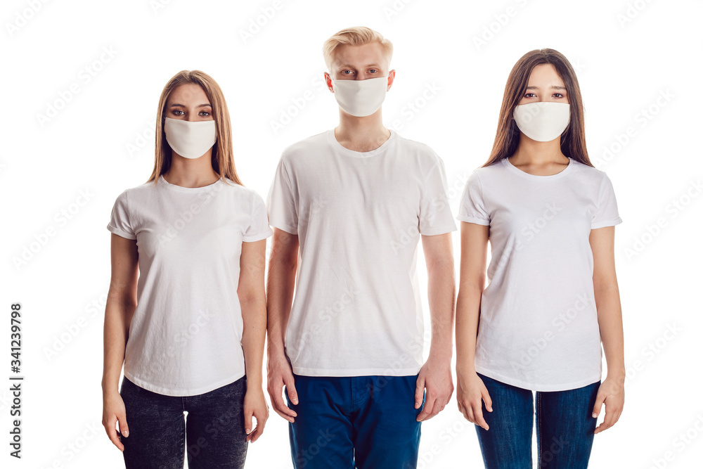 Group of people in face masks and in white t-shirts. Group of people in face masks and in white t-shirts.