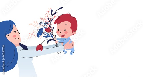 Vector Illustration Of Happy Mother Holding Baby Son In Her Arms and Receiving Flowers from him.  Happy Mother`s Day Greeting Card.