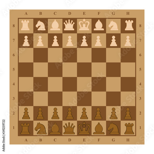 Picture of chessboard with chess figures on it. Flat design modern vector illustration concept of chess on chessboard. Strategic position and tactic for long-term success plan or goal. Isolated.