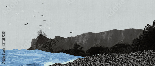 Abstract seascape illustration made of torn pieces of vintage paper