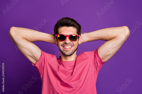 Top above high angle view photo of charming imposing cool guy lie enjoy spring weekend free time day dreaming wear look good clothes isolated over shine color background