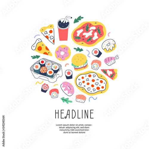 Fastfood template background with doodle illustrations of pepperoni pizza, sushi roll and, tasty delivery cafe menu cover