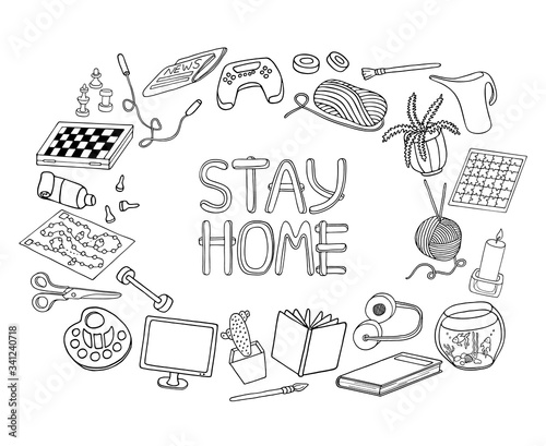 Outline doodle hobbies set. Stay home concept frame. Top table and video games, painting, reading, sport, knitting, gardening vector illustration. Hand drawn elements for coloring, banners, design